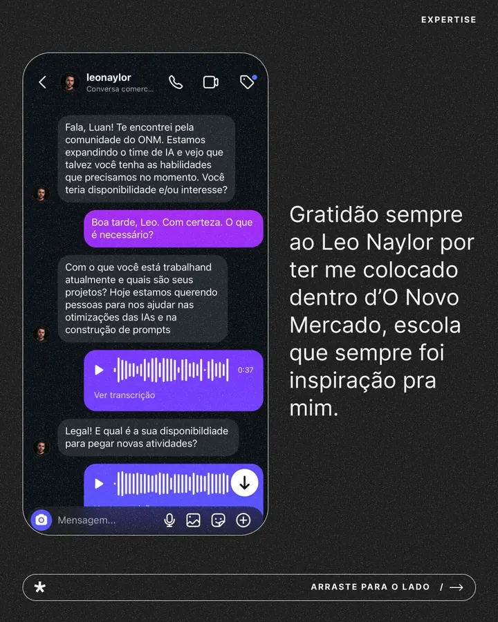 Mensagem do Leo Naylor convidando o Luan para o time de IA d'O Novo Mercado